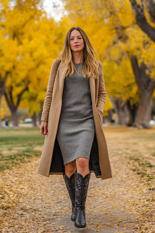 A woman over 40 wears tall black cowboy boots with a gray knit midi dress and a long camel coat