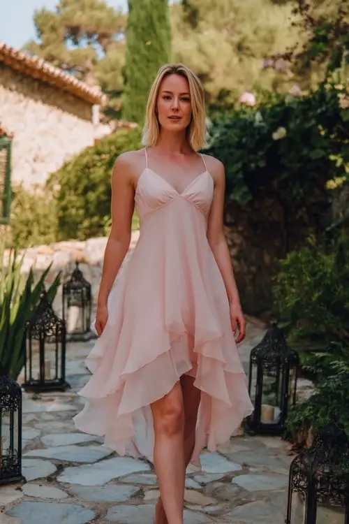 a woman over 50 in a blush pink chiffon dress with layered skirt