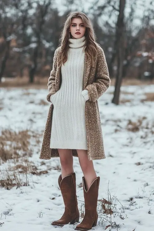A woman in a cozy turtleneck sweater dress, styled with tall brown cowboy boots and a wool coat