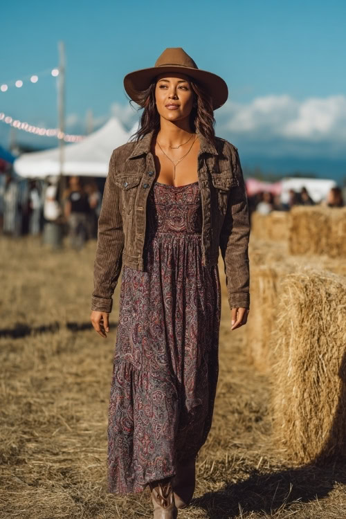 A curvy woman in a corduroy jacket over a paisley maxi dress, styled with cowboy boots and a felt hat, walking near hay bales and string lights at a country concert