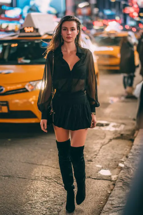 A woman wears a sheer black blouse tucked into a pleated mini skirt, paired with over-the-knee boots