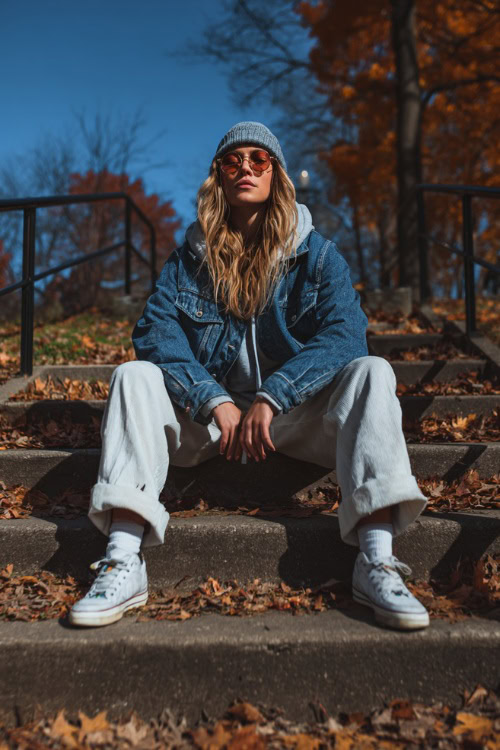 Woman in a denim jacket layered over hoodie, wide-leg pants, and sneakers, sitting on park stairs covered in fallen leaves