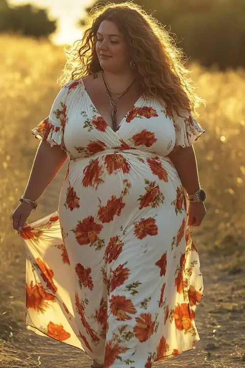 A plus-size woman in a cotton wrap maxi dress with bold floral print and flutter sleeves, accessorized with sandals and layered necklaces