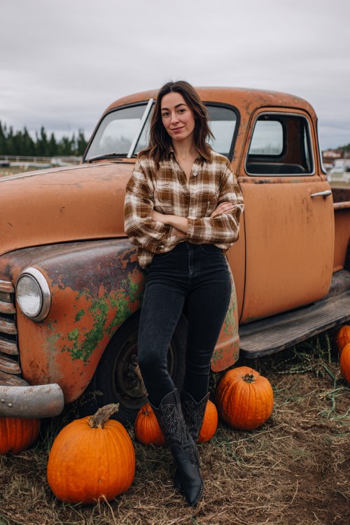 A woman wears black jeans, black cowboy boots, and a brown-and-white flannel
