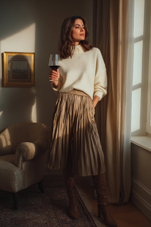 A woman in a cream cashmere sweater tucked into a pleated midi skirt with heeled boots, holding a wine glass in an elegant fall lounge