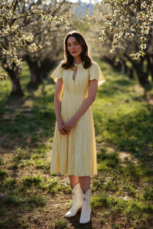 A woman in a white maxi dress with pastel floral print and a sheer overlay, paired with white cowboy boots
