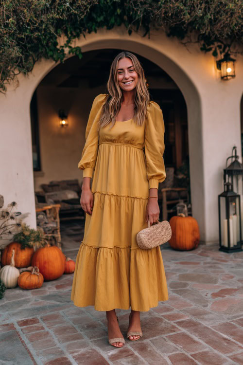 A woman wears a mustard yellow tiered midi dress with puff sleeves, styled with flats and a woven clutch, posing in a small-town November wedding courtyard with pumpkins and lanterns