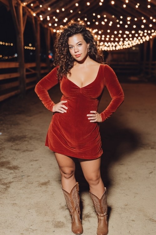 A curvy woman wears a long-sleeve velvet dress with knee-high cowboy boots