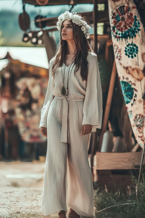 A stylish festival-goer in a long linen tunic with flared pants and a white flower crown, accessorized with flat leather sandals, standing near an art installation