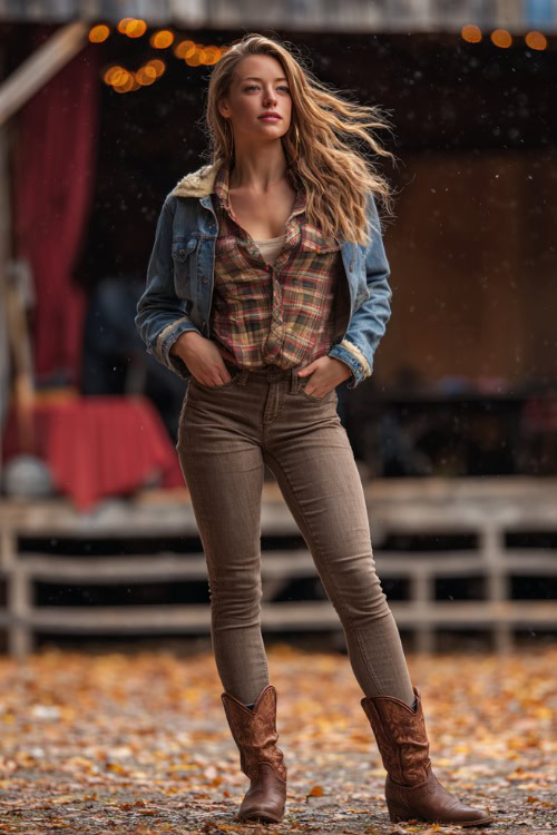 A woman wears a plaid flannel shirt layered under a denim jacket, paired with skinny jeans and brown cowboy boots, standing near a rustic outdoor stage with autumn leaves falling