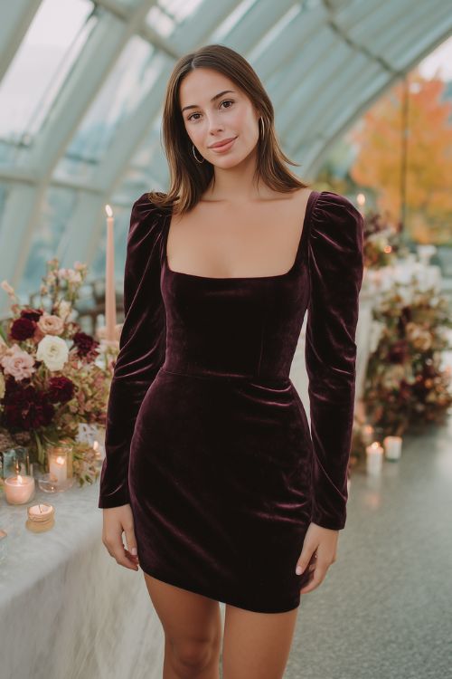 A woman wears a deep plum velvet mini dress with a structured square neckline and long fitted sleeves