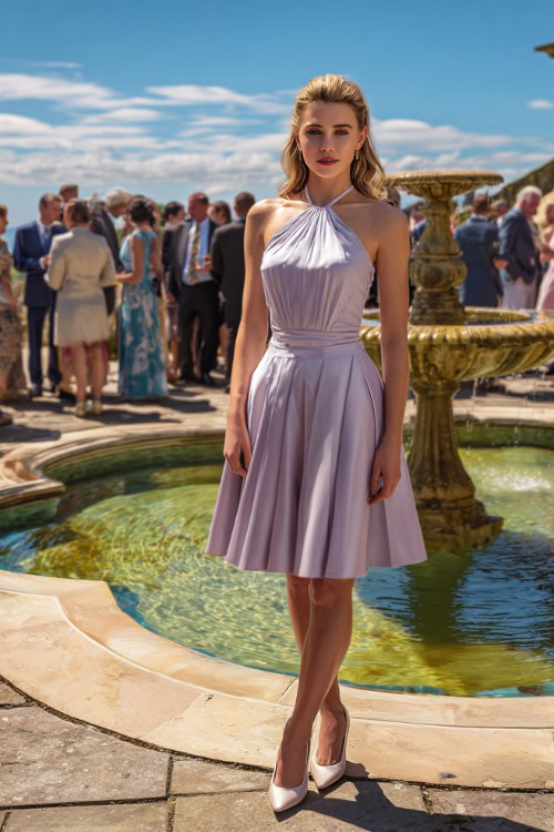 A woman in a soft lilac short halter-neck dress with subtle pleats and kitten heels, posing by a fountain surrounded by wedding guests, full body view