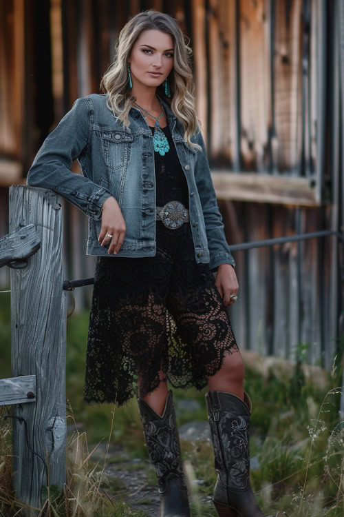 a woman wears lace black dress, black cowboy boots and jean jacket