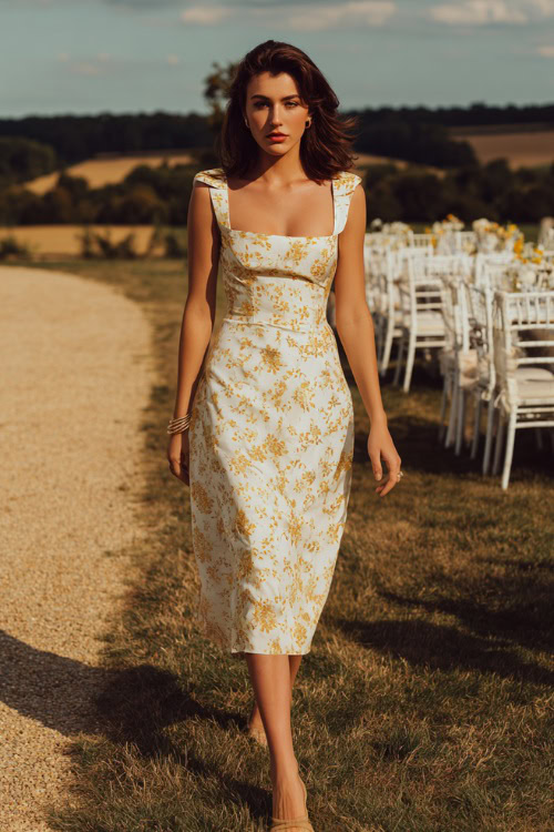 A woman wearing a white and gold floral midi dress with a square neckline and delicate bracelet, walking beside white chairs set up for a countryside wedding
