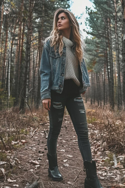 A woman wears black ankle cowboy boots with skinny jeans, denim jacket and a sweater