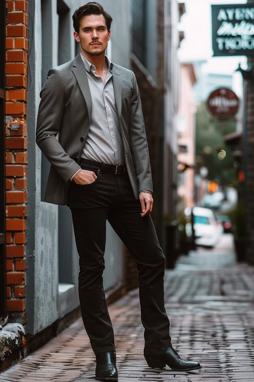 a man wears black cowboy boots, a shirt, a grey blazer with black pants