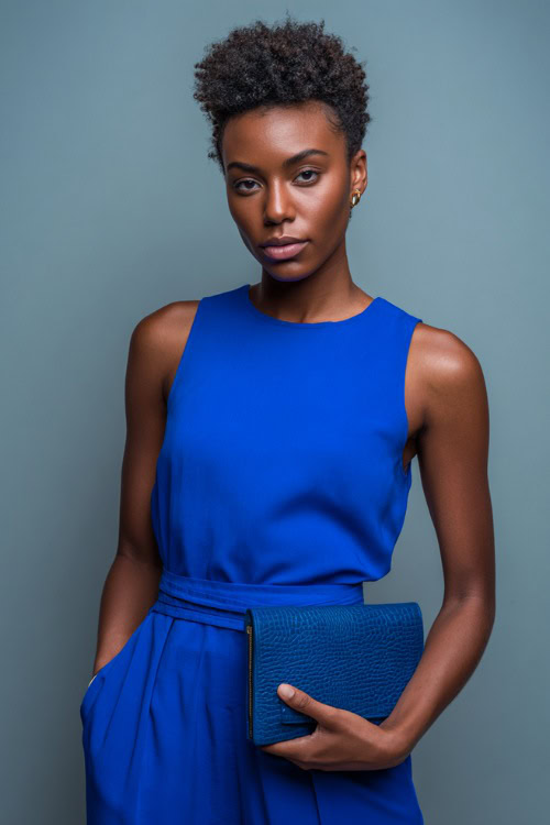 A Black woman wearing a sleeveless jumpsuit in bright cobalt blue with a belt and clutch bag, styled for a sleek and striking summer outfit, simple studio background