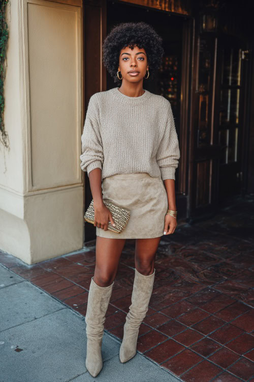 A Black woman wearing a beige knit sweater tucked into a suede mini skirt with knee-high boots, holding a clutch outside a chic wine bar, full body outfit visible