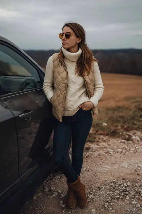 Woman in a cream turtleneck sweater, quilted vest, skinny jeans, and suede ankle boots, standing beside a car in a countryside setting