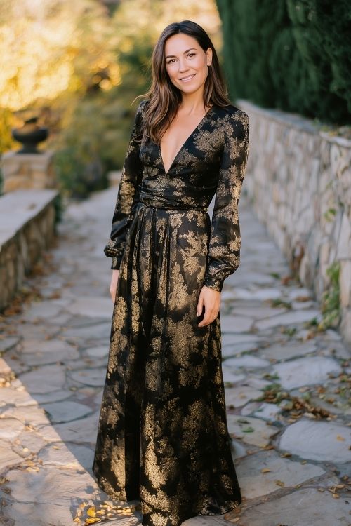 a woman wears a long wedding guest gown with gold accents