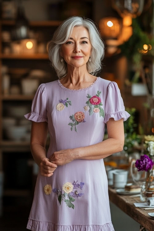 A fashionable woman over 50 in a pastel lavender knee-length dress with short puff sleeves, floral appliqueÌs