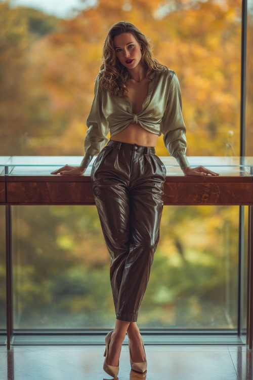 A woman wearing high-waisted leather pants, a cropped satin blouse, and pointed heels