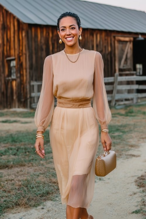 A woman wears a champagne-colored midi dress with sheer long sleeves, a velvet waistband, and gold accessories