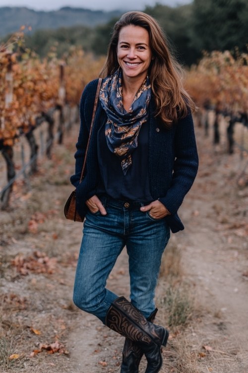 A woman over 30 wears dark denim with a navy cashmere cardigan and with pointed black cowboy boots outfit for fall