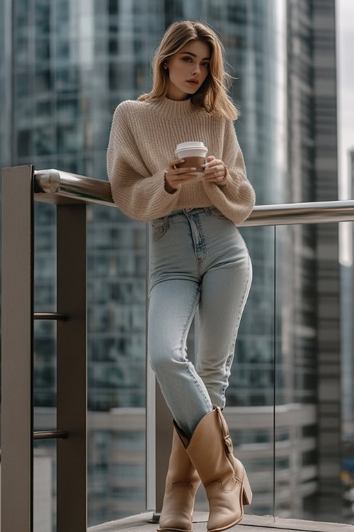 Woman in beige cowboy boots, light wash boyfriend jeans, and an oversized sweater in a muted pastel shade. She s holding a coffee cup
