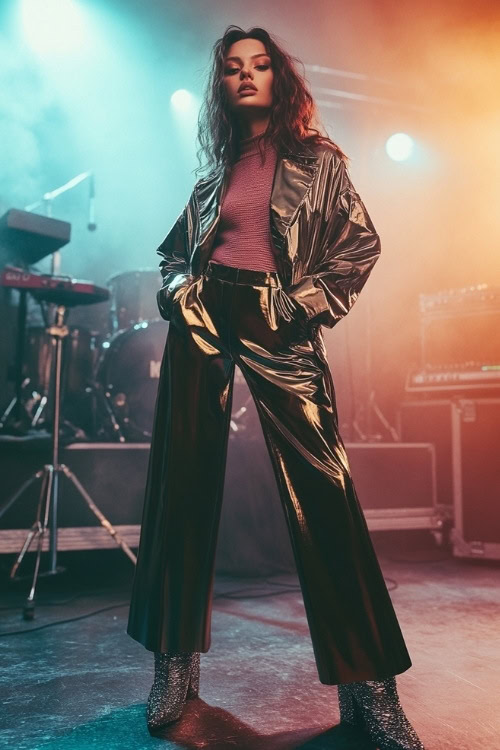 A woman wearing a metallic trench coat, a fitted knit top, wide-leg trousers, and platform boots