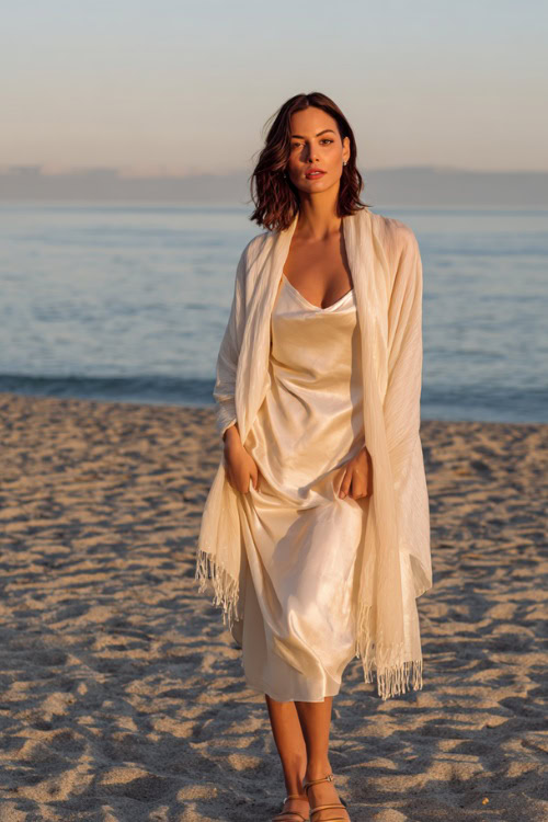 A woman wears a light champagne slip dress layered with a soft white shawl, styled with flat strappy sandals, standing on the sand at sunset during a November beach ceremony