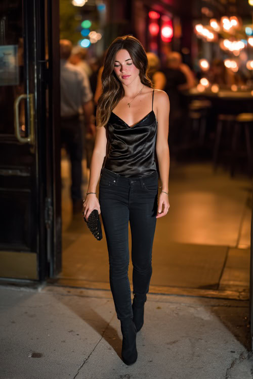 A woman in dark skinny jeans, a black satin camisole, and heeled ankle boots, holding a clutch while walking into a city bar on a fall night, full body outfit visible
