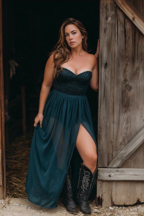 A curvy woman shown full body in a dark teal gown with a sequin bodice and sheer chiffon skirt, paired with black embroidered cowboy boots