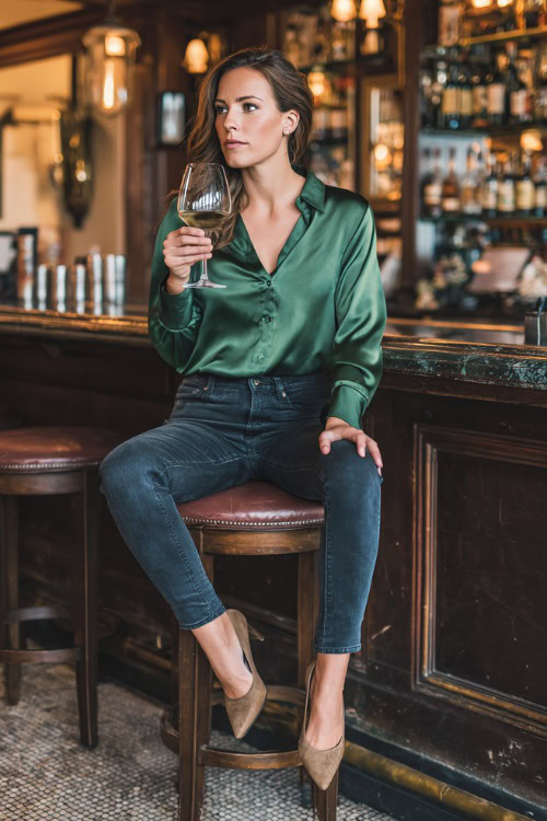 A woman over 40 wearing dark wash skinny jeans, a silky emerald blouse, and pointed-toe pumps, sipping wine inside a cozy fall bar