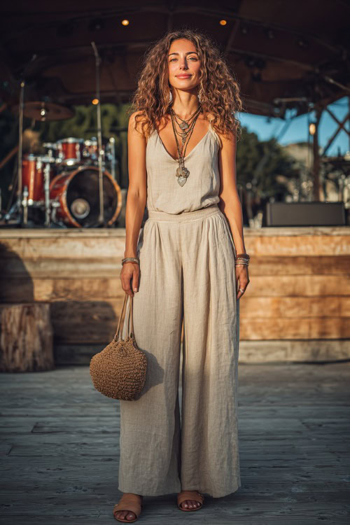A woman wearing a wide-leg linen jumpsuit with tan strappy sandals and layered necklaces, holding a straw bag