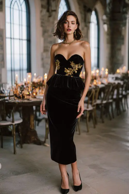 A woman wears a black velvet cocktail dress with a sweetheart neckline, peplum waist