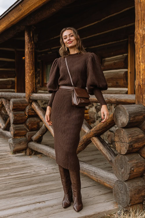 A woman wears a chocolate brown knit midi dress with balloon sleeves, paired with knee-high boots and a crossbody bag, posing outside a rustic wooden lodge hosting a November wedding