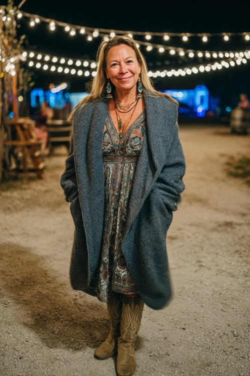 A woman over 50 wears a wool wrap coat over a bohemian maxi dress, styled with suede cowboy boots and statement earrings, standing under glowing night lights at a fall concert