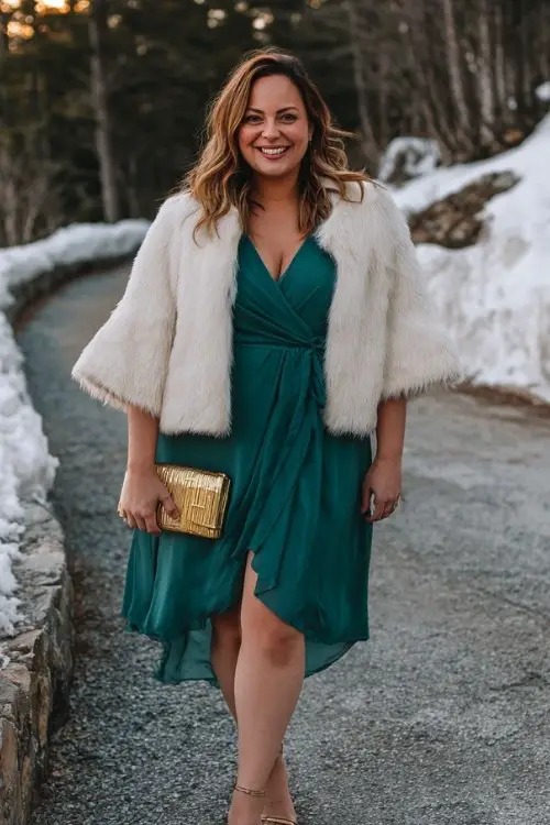A plus-size woman wears a forest green chiffon wrap dress with flutter sleeves, a gold clutch, and a cream cropped faux fur jacket