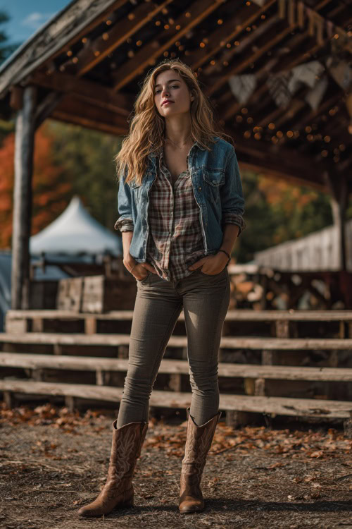A woman wears a plaid flannel shirt layered under a denim jacket, paired with skinny jeans and brown cowboy boots, standing near a rustic outdoor stage with autumn leaves falling