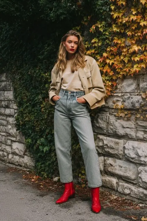 A woman over 30 wears light-wash straight jeans tucked into red cowboy boots, paired with a tucked-in oatmeal blouse and a cropped suede jacket