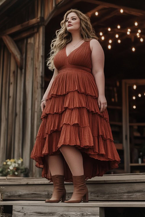 A plus-size woman wears a rust-colored tiered wedding guest dress with brown boots