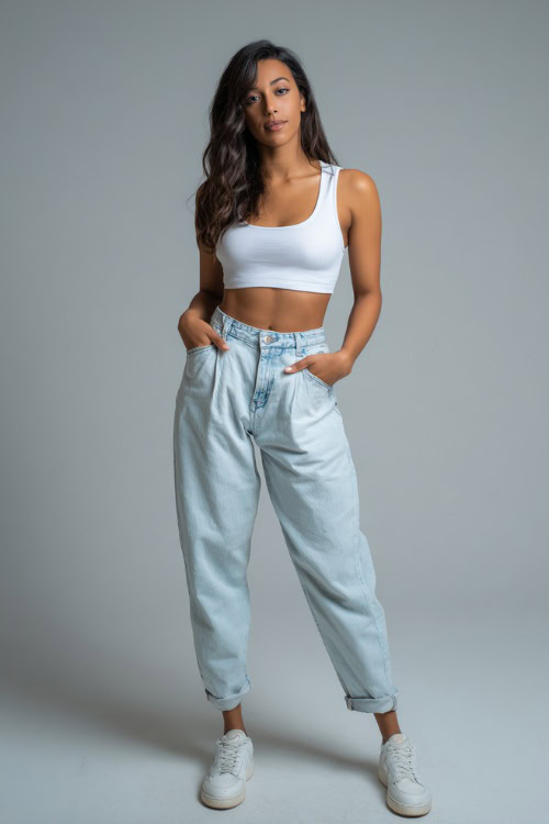 A woman wearing a white cropped tank top with high-waisted light-wash jeans and white sneakers, styled for a casual summer evening, simple studio background