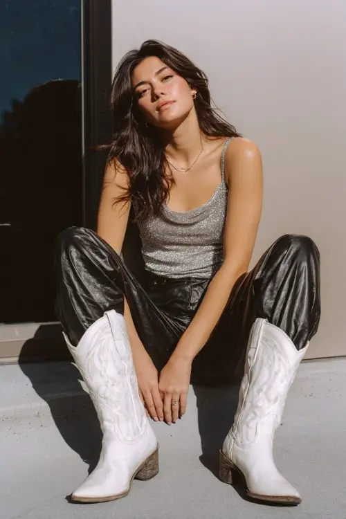 A woman in her 30s wears white cowboy boots, black faux-leather pants, and a sparkly silver top
