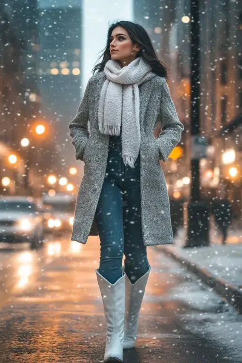A woman with a chunky knit scarf, fitted coat, and tall white cowboy boots with sleek, clean lines, walks down a bustling city street with light snowfall