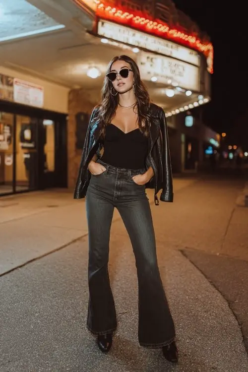 A woman wears dark flared jeans with a fitted black bodysuit and a cropped leather jacket, styled with heeled boots
