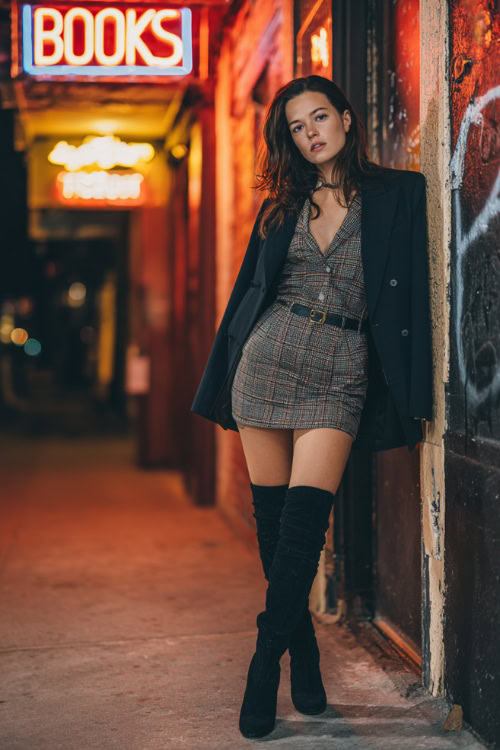 A woman in a plaid mini skirt with an oversized black blazer and knee-high boots, posing near an urban bar entrance with neon signs glowing, full body outfit visible