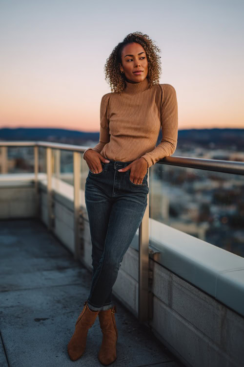 A Black woman wearing dark wash skinny jeans, a camel turtleneck sweater, and suede ankle boots, leaning on a city rooftop bar railing at sunset
