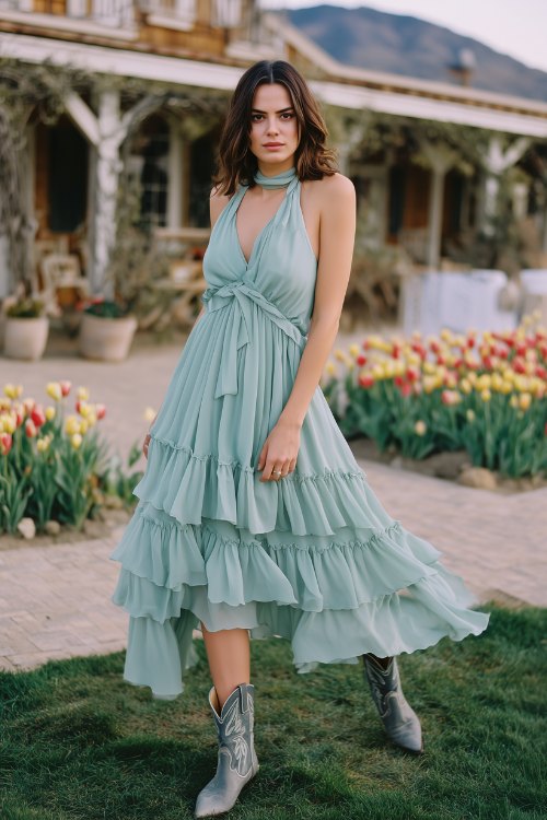 A woman in a mint chiffon halter dress with a layered hem and back bow detail, styled with gray cowboy boots
