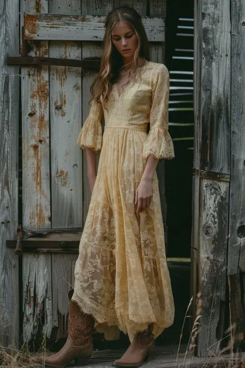 A woman wears brown cowboy boots and a long yellow lace dress